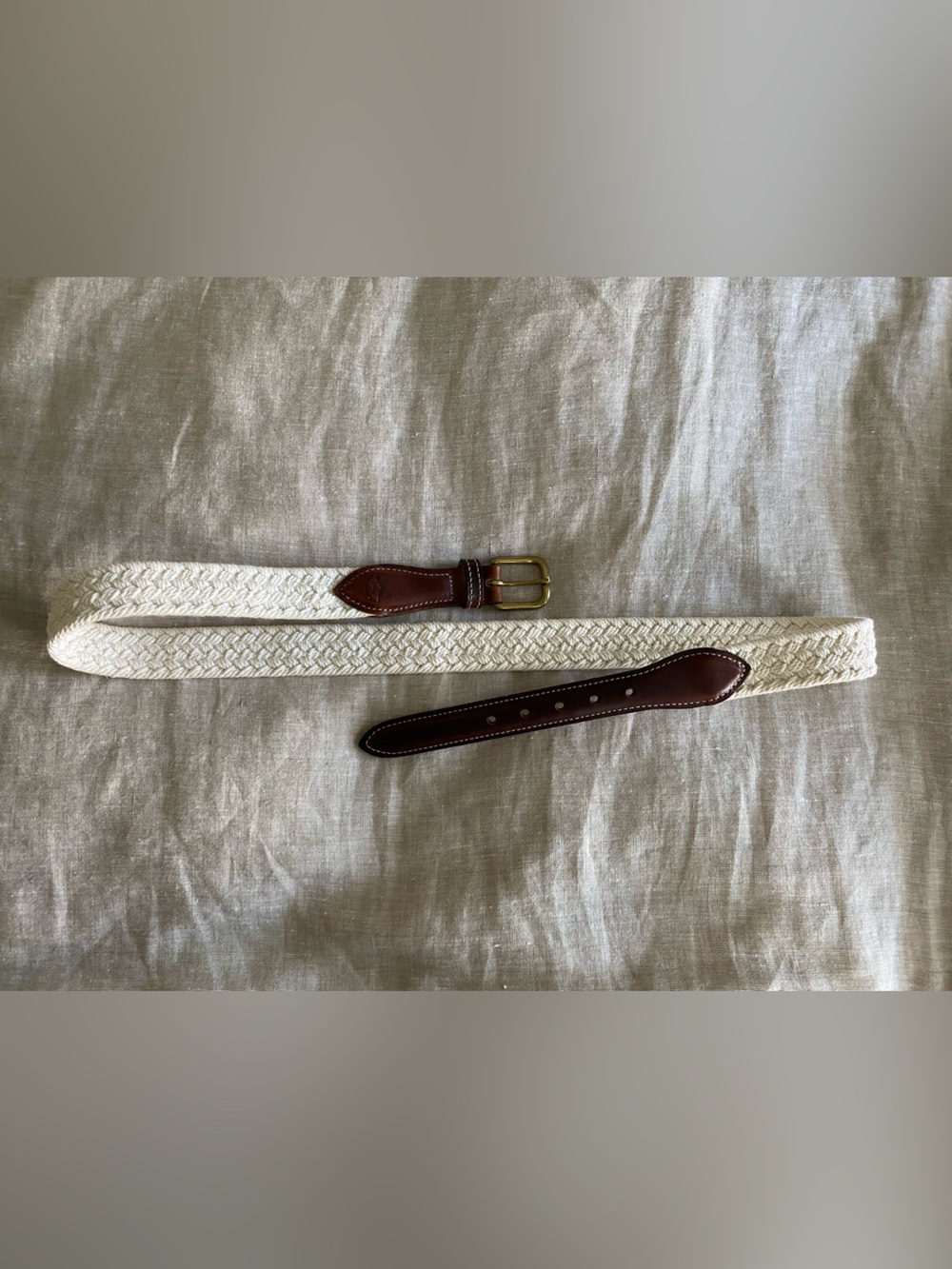 VTG Dockers Woven Rope Belt White Brown Leather Brass Buckle USA Made Size 36
